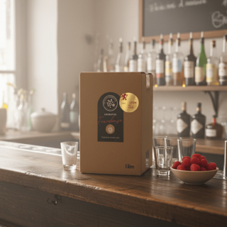 Liqueur de Framboise en cubi 5L sur un comptoir de bar avec verres et framboises fraîches