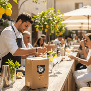 Cubi 5L de Liqueur de Citron La Petite Merveille utilisé par un barman sur une terrasse ensoleillée