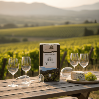 Cubi de vin rosé 3L IGP Méditerranée posé sur une table avec verres, fromage et raisins devant un vignoble.