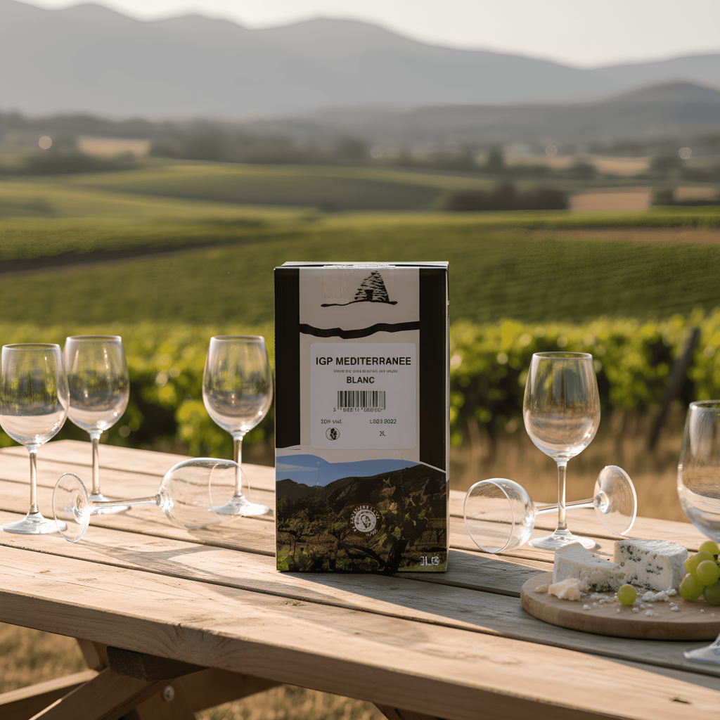 Un carton de vin blanc « IGP Méditerranée » se trouve au centre d'une table en bois, entouré de verres à vin