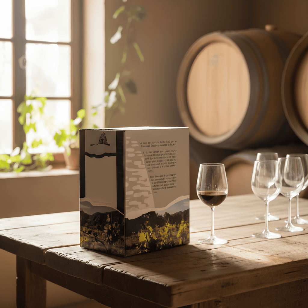 Cubi de vin rouge 3L dans un chai, posé sur une table en bois pour une dégustation.