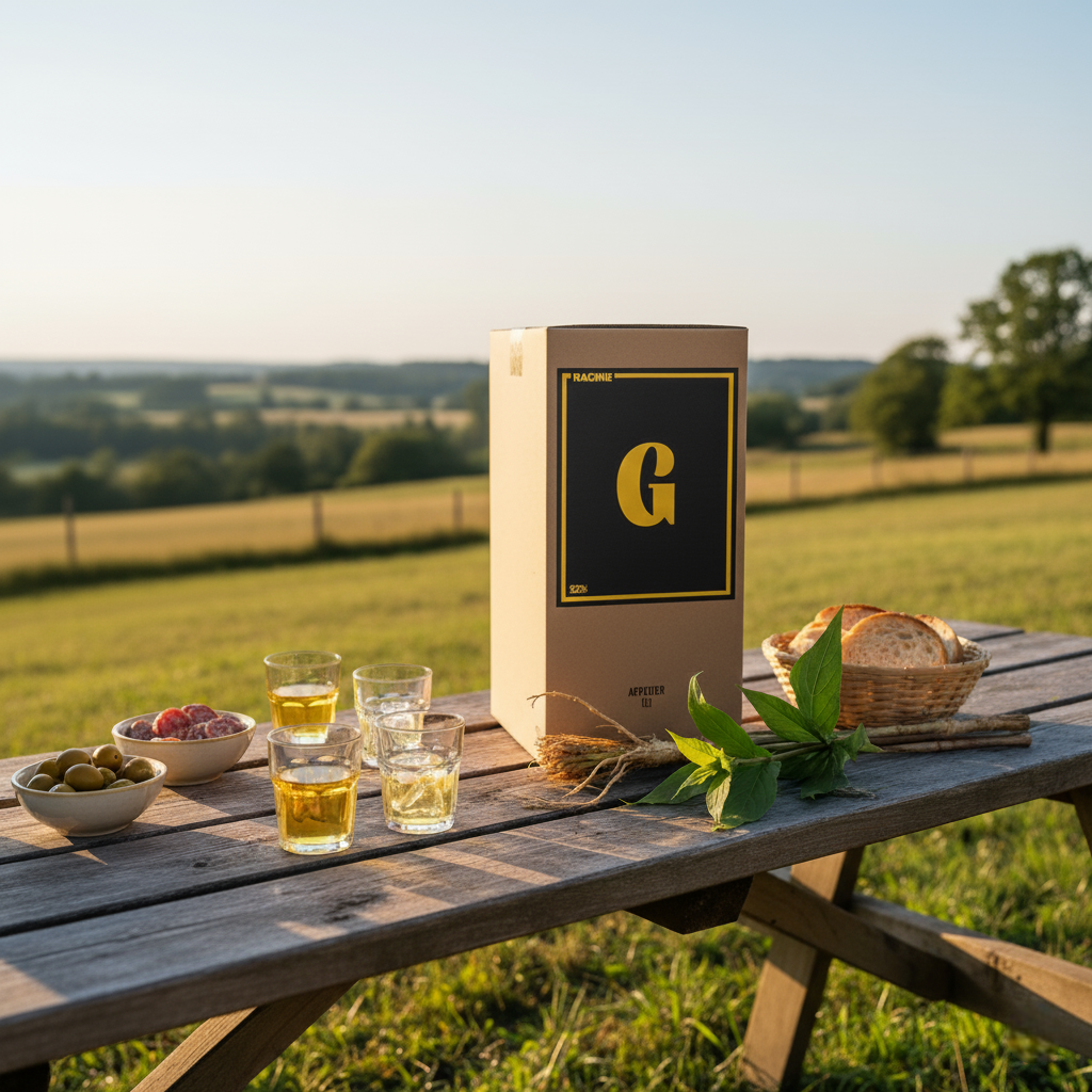 Le BIB 3L de Gentiane Racine servi en apéritif sur une table en bois à la campagne, avec des verres, olives et charcuterie.