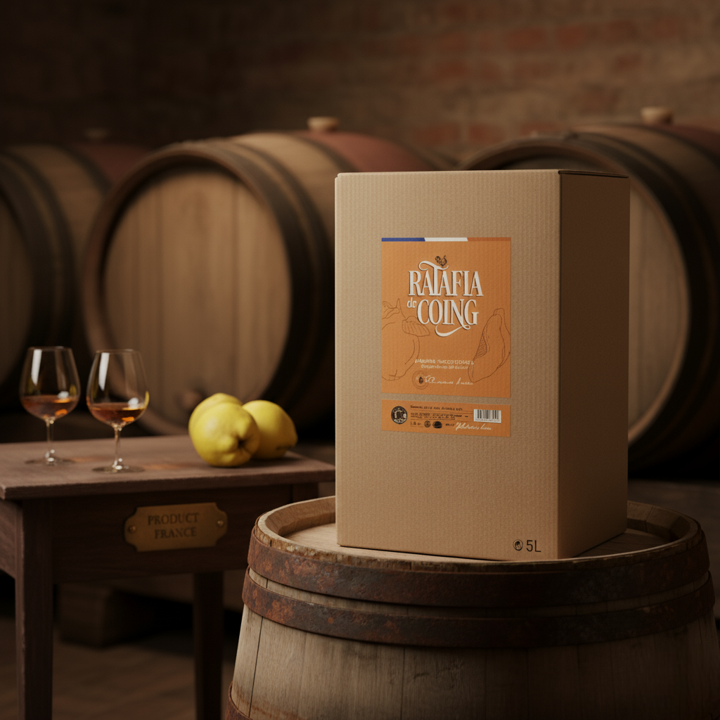 BIB 5L de Ratafia de Coing dans un chai, posé sur un tonneau avec deux verres de dégustation.