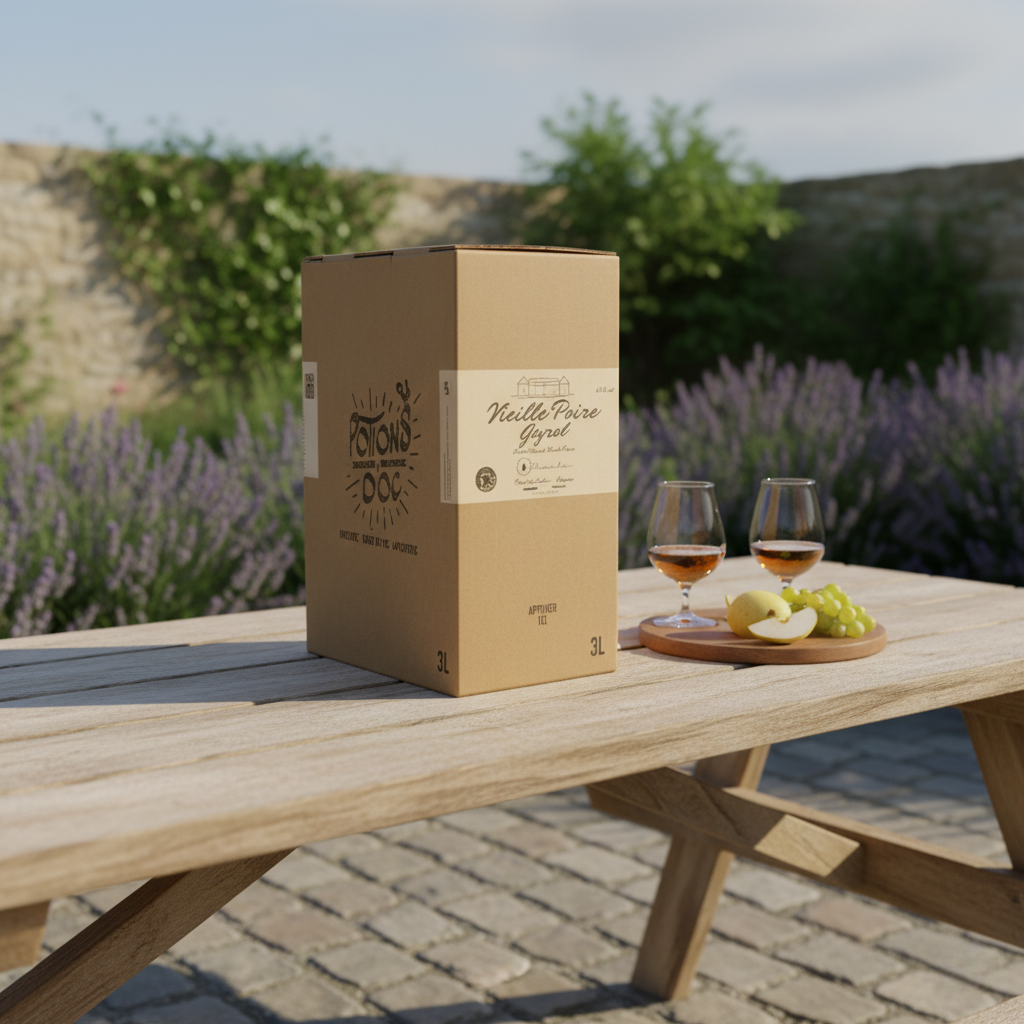 Un cubi de vieille poire est placé sur une table de pique-nique en bois avec des verres de liqueur.