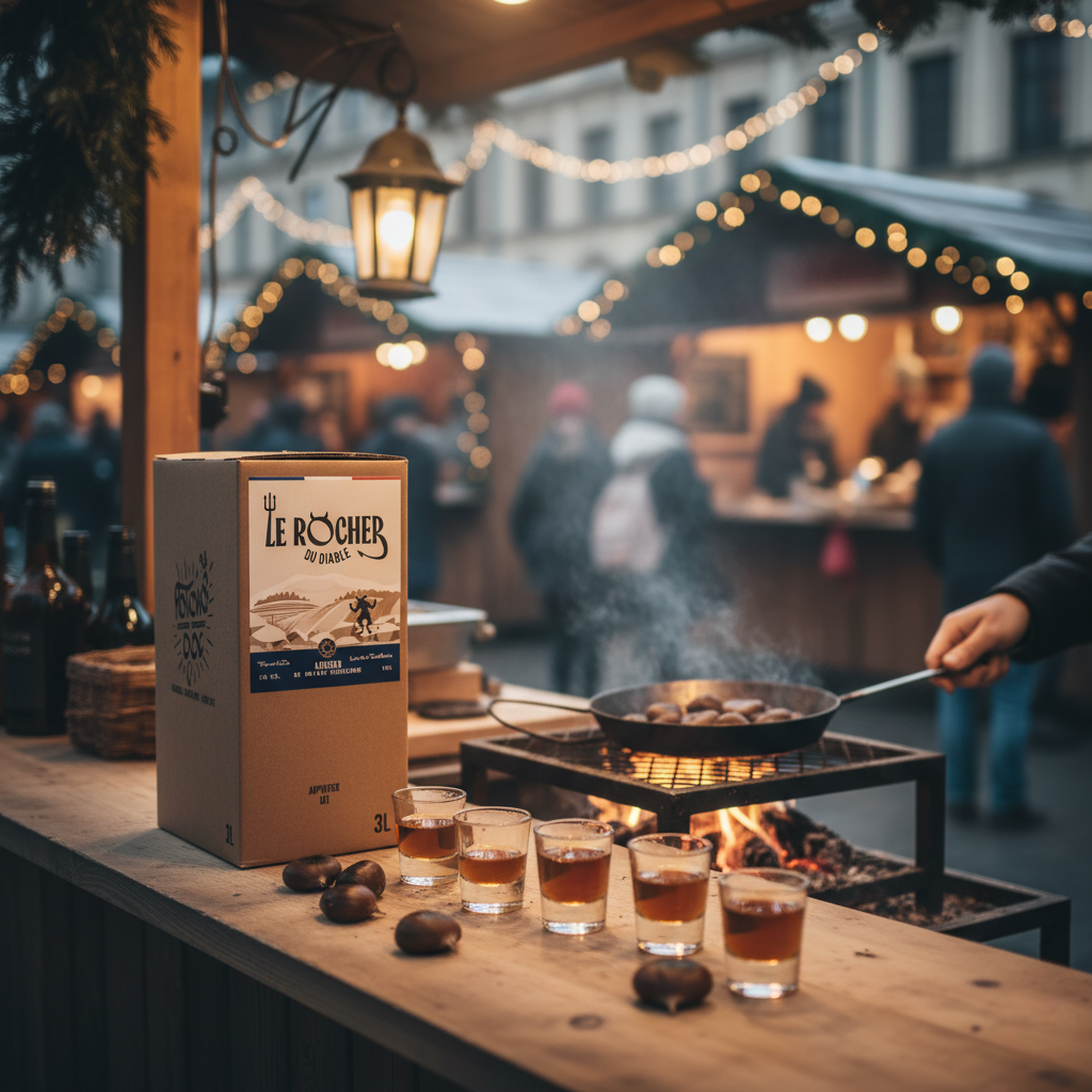Ambiance marché de Noël : BIB Le Rocher du Diable sur comptoir en bois avec châtaignes grillées et verres à shot