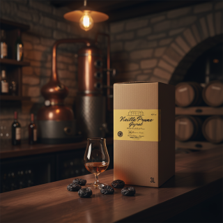 BIB 3L Vieille Prune Gayral sur comptoir en bois, ambiance distillerie avec alambics en cuivre et verre de dégustation.