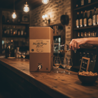 BIB Vieille Poire 3L sur comptoir en bois : service au verre d'une eau-de-vie pour une dégustation conviviale