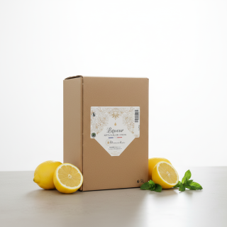BIB 5 litres de Liqueur Artisanale de Citron Potions d'Oc entouré de citrons frais et feuilles de menthe