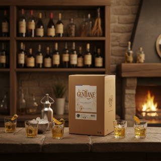 Ambiance apéritif chaleureuse au coin du feu avec BIB de Gentiane 5L posé sur un comptoir en pierre et verres de dégustation