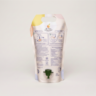 Dos du Pouch-up Pomme de l'Armandine - Valeurs nutritionnelles et mode d'emploi du robinet verseur