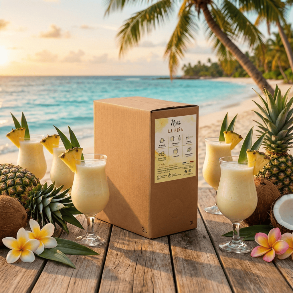Verre de Pina Colada fraîche avec ananas en bord de mer - Cocktail prêt-à-boire saveur rhum coco