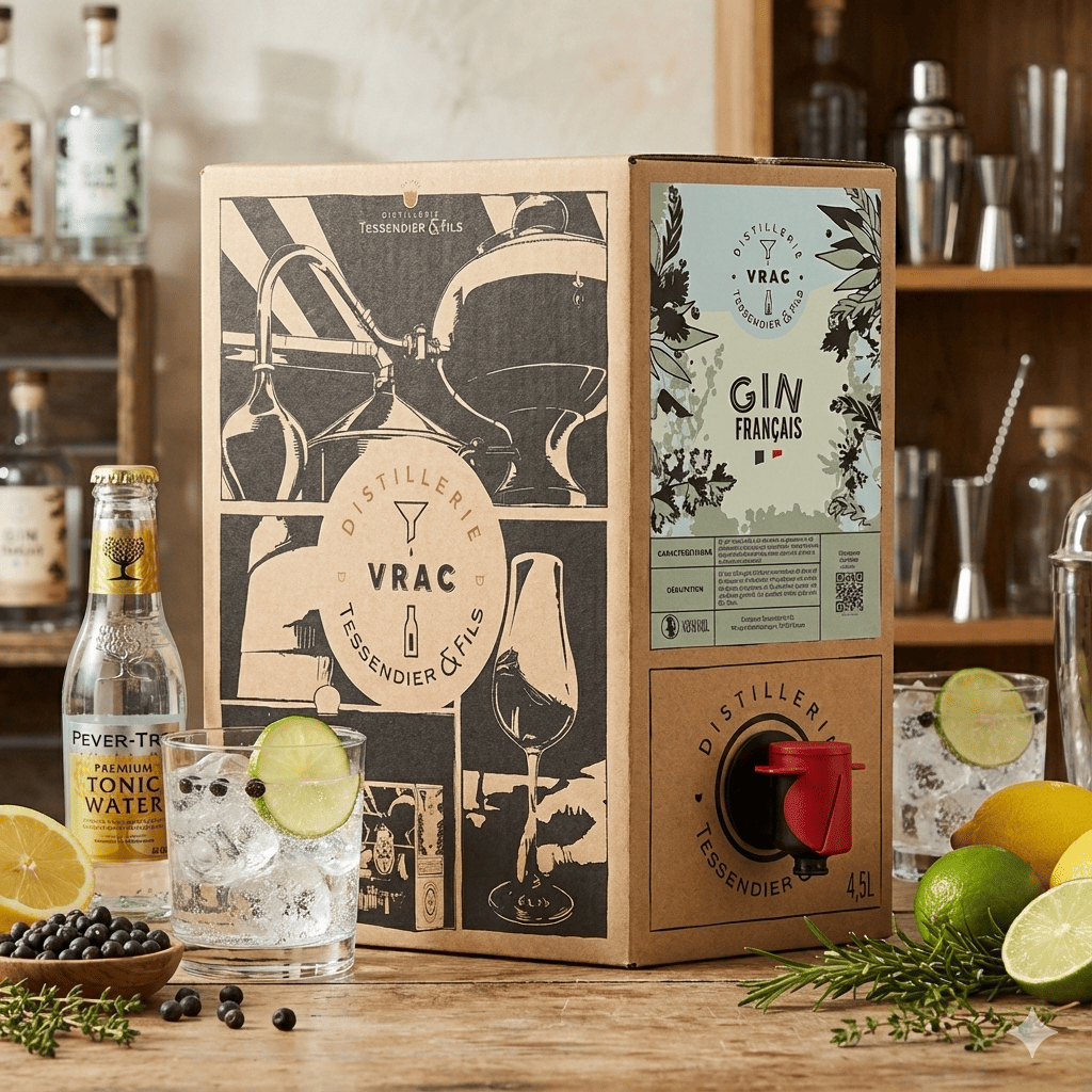 Cubi de Gin Français Vrac Distillerie Tessendier 4,5L servi en Gin Tonic avec citron et baies de genièvre sur une table en bois.