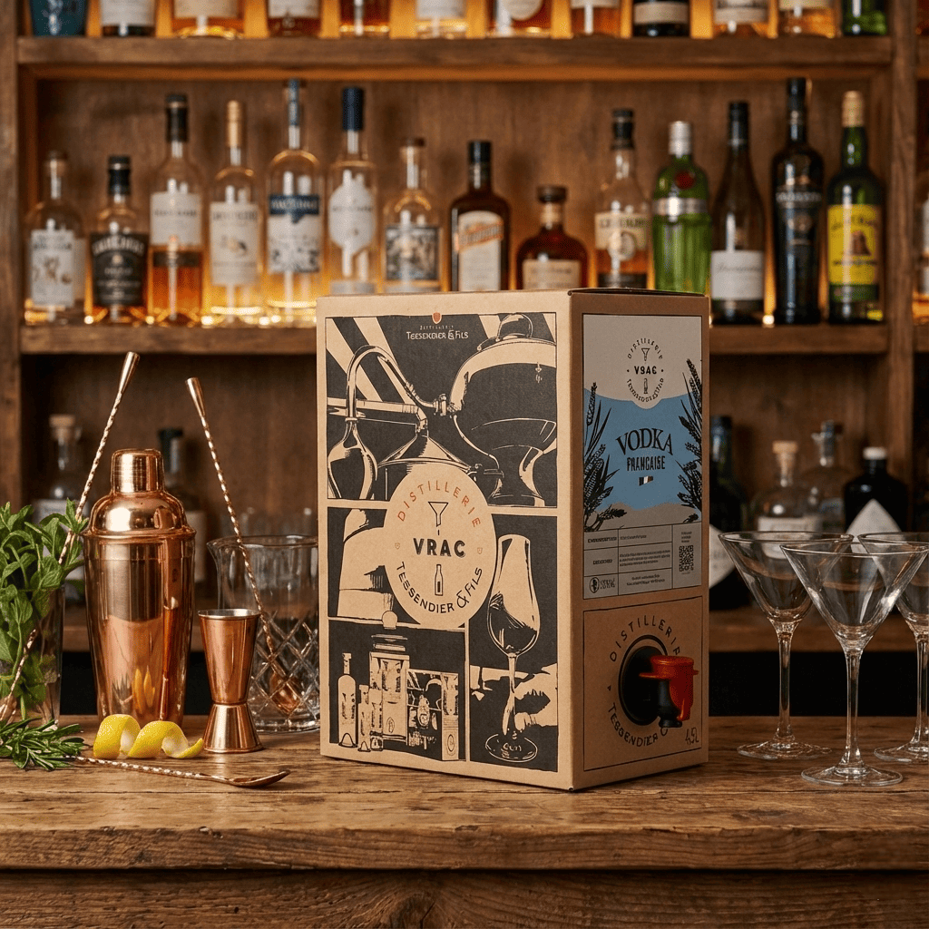 Cubi de Vodka VRAC Distillerie Tessendier posé sur un comptoir bois avec accessoires de mixologie.