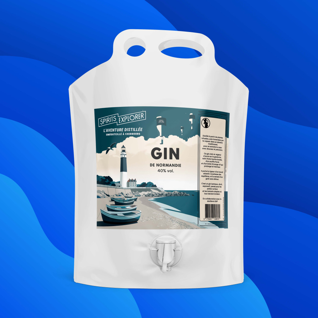 Poche 3L de Gin de Normandie Spirits Explorer - Illustration Phare et méthode de distillation hybride Benett et Carter