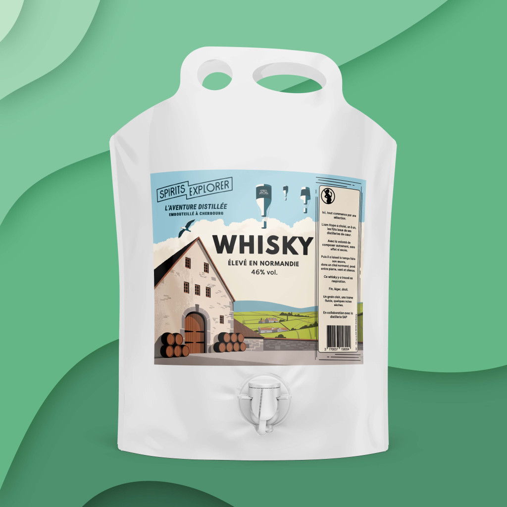 Poche 3L Whisky de Normandie Spirits Explorer - Assemblage signé Liam Hope avec illustration de chais et tonneaux