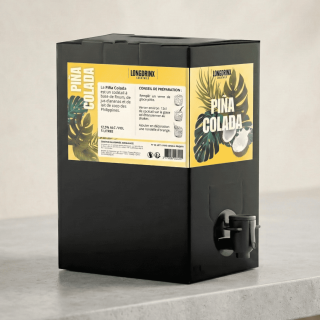 Vue détaillée du cubi de Piña Colada 5L Longdrinx avec son robinet distributeur sur un comptoir