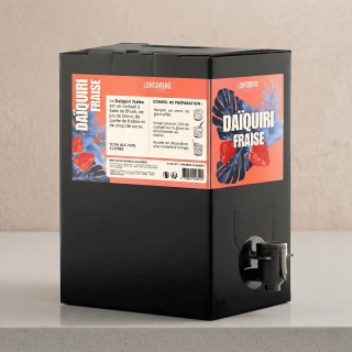 Détail du BIB 5L Daïquiri Fraise Longdrinx avec vue sur l'étiquette, le robinet de service et les conseils de préparation.