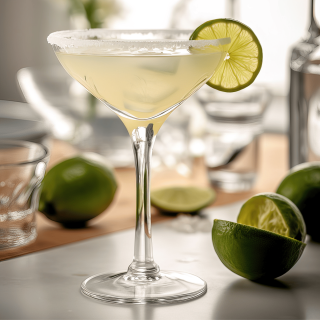Verre à cocktail rempli de Margarita glacée, mis en valeur par un bord givré au sel et une fine rondelle de citron vert