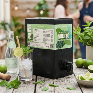 Cubi de Mojito Longdrinx 5L sur une table de jardin accompagné d'un verre, de menthe fraîche, de citron vert et d'eau pétillante