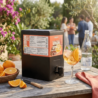 Fontaine de 3 litres de Virgin Spritz sans alcool sur une table d'extérieur ensoleillée
