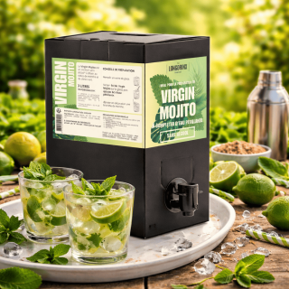 BIB de 3 litres de Virgin Mojito sans alcool prêt à servir sur une table estivale en bois