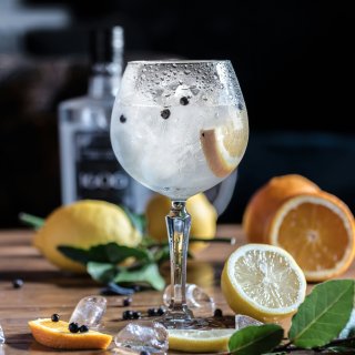 Grand verre de cocktail Gin Tonic rafraîchissant avec baies de genièvre et tranche de citron