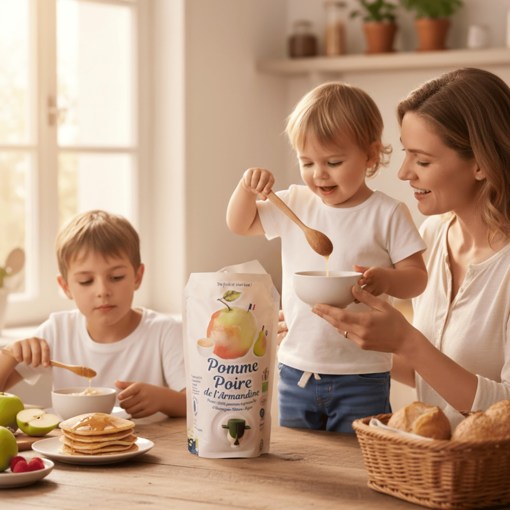 Purée Pomme-Poire Bio Mas de l'Armandine sur table petit déjeuner